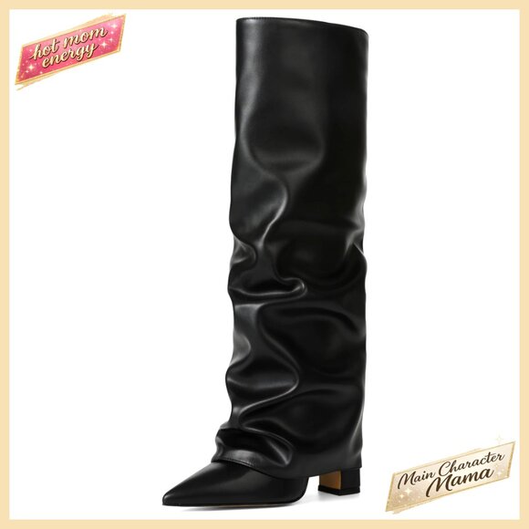 Women's Slouchy Knee High Boots Pointed Toe Fold Over Chunky Heel